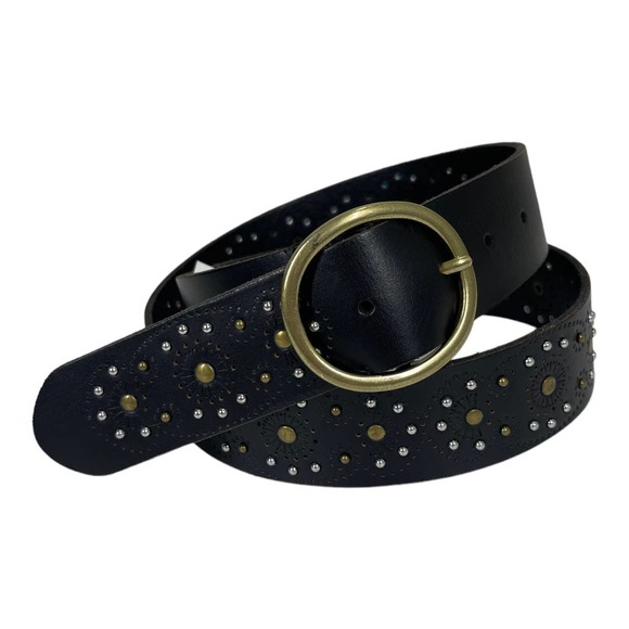 Lucky Brand Accessories - Lucky Brand Two Tone Stud Belt Small Black Leather Embellished Boho Western